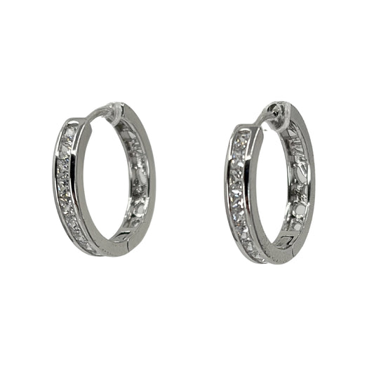 Pair of silver hoop earrings with a center channel setting of princess cut cz stones.
