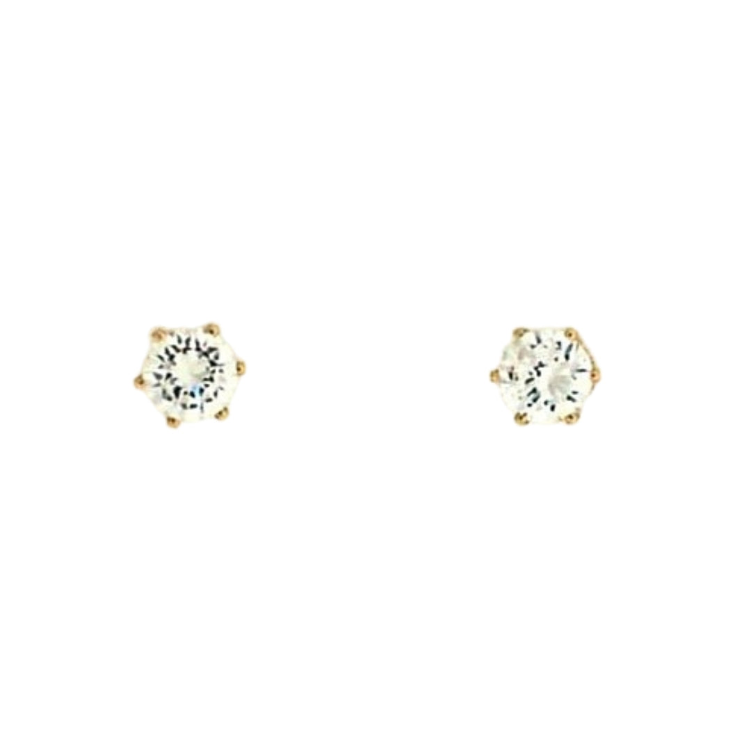 Yellow gold stud earrings with a sparkling cz stone in a secure six prong setting.