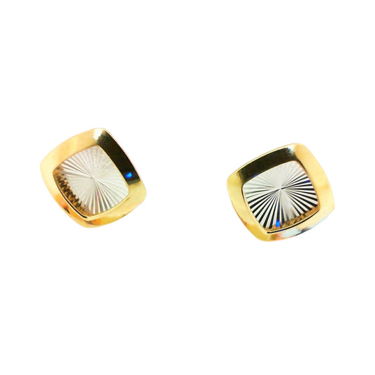 Square shaped earrings with a yellow gold edge and a white gold center with diamond cut detailing on a white background.
