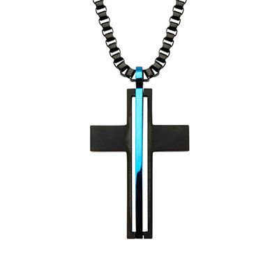 Matte Black IP Blue Line Cross Pendant