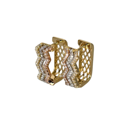 Round diamond hoop earrings crafted from tri-colored gold in a triple zigzag design.