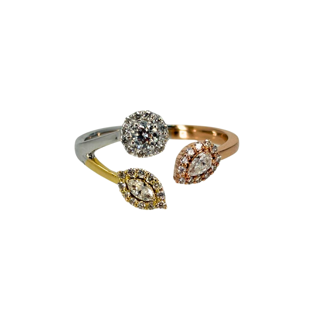 Rose, white, and yellow gold free-form ring featuring various-shaped diamonds in a modern open design.