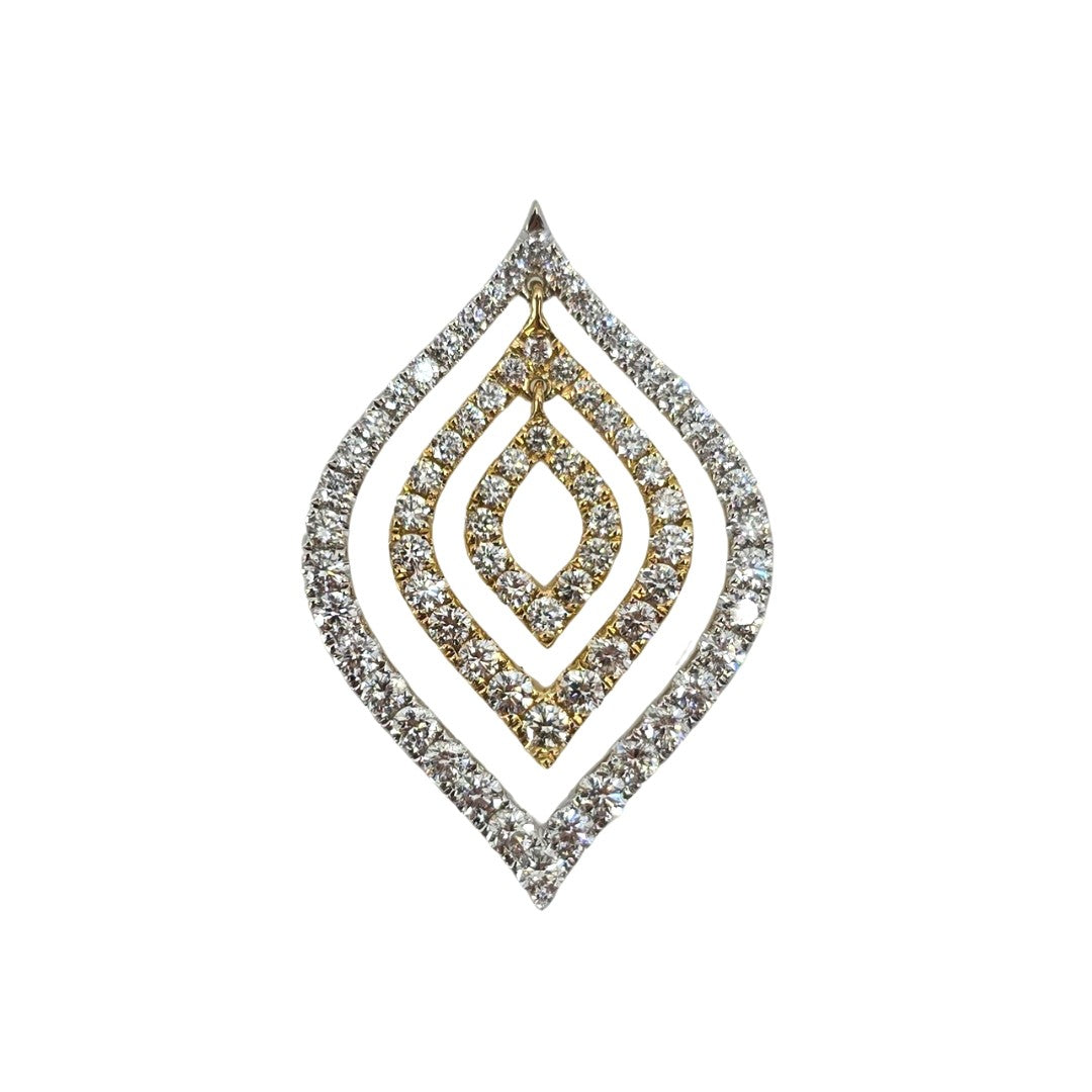 White and yellow gold concentric flame shaped pendant set with round diamonds.