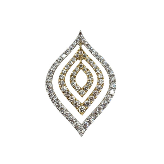 White and yellow gold concentric flame shaped pendant set with round diamonds.