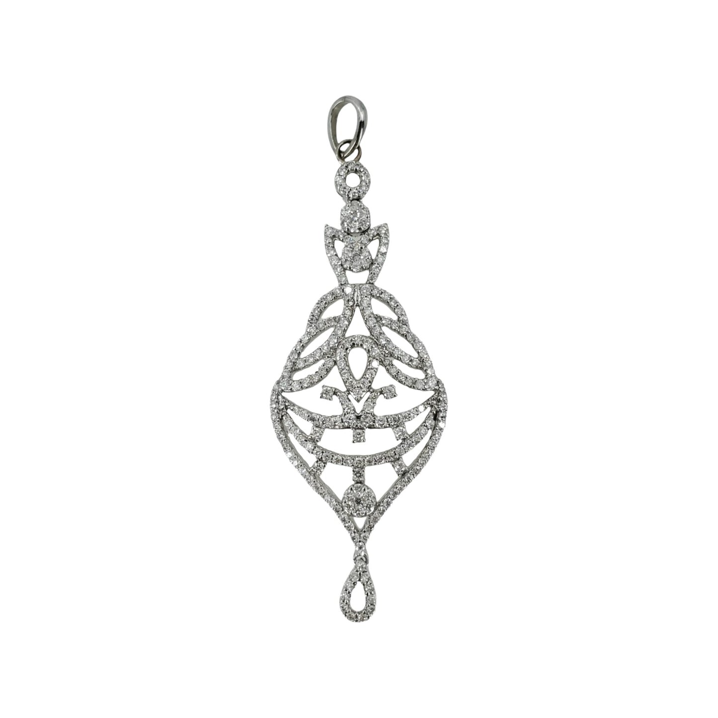 White gold filigree pendant set with round diamonds.