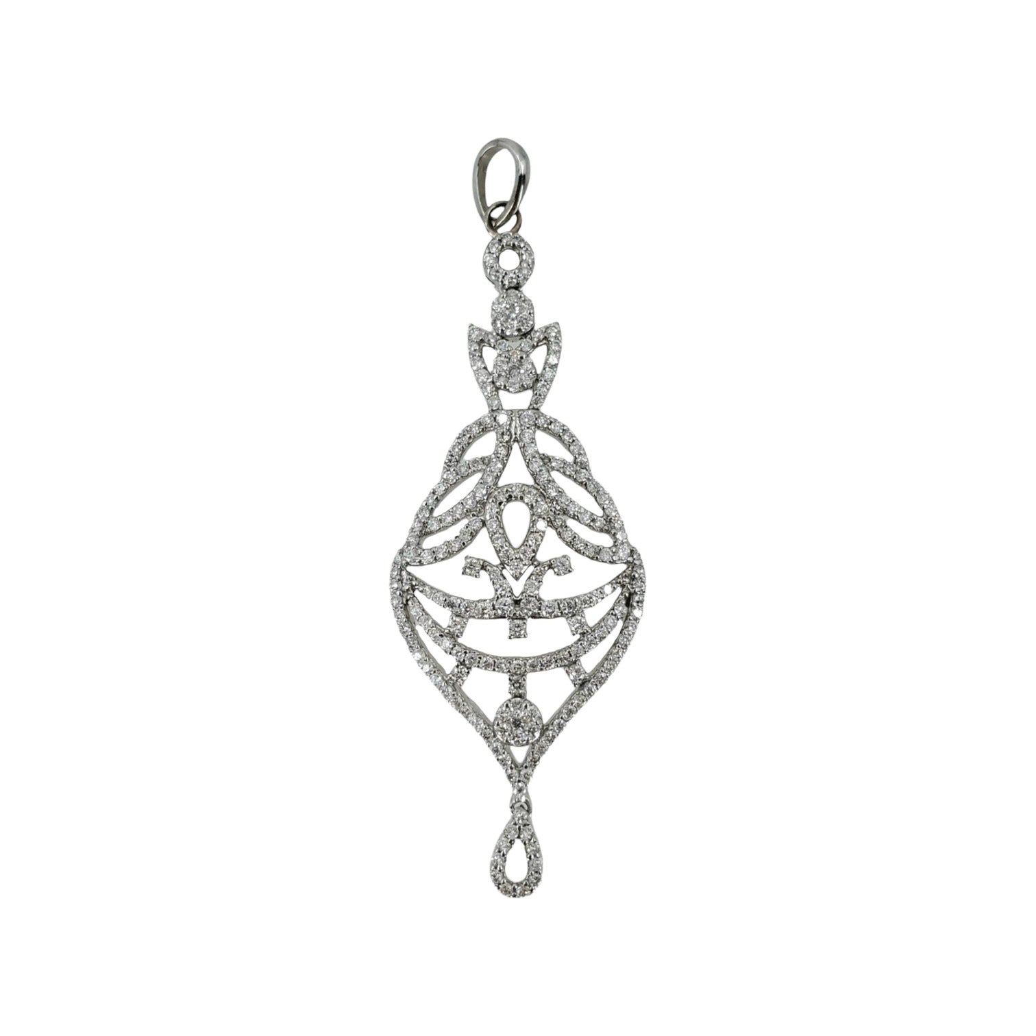 White gold filigree pendant set with round diamonds.