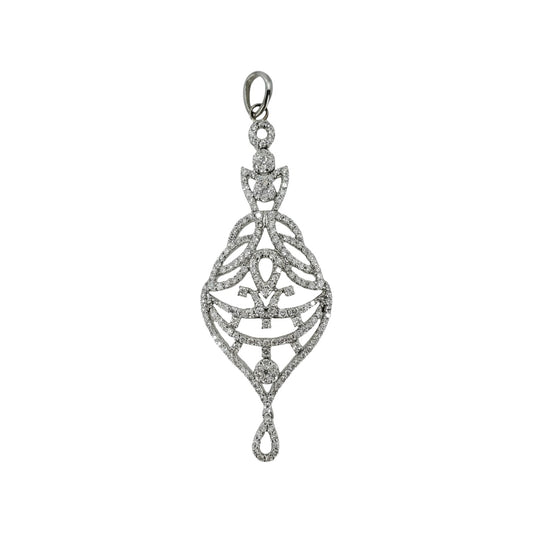 White gold filigree pendant set with round diamonds.