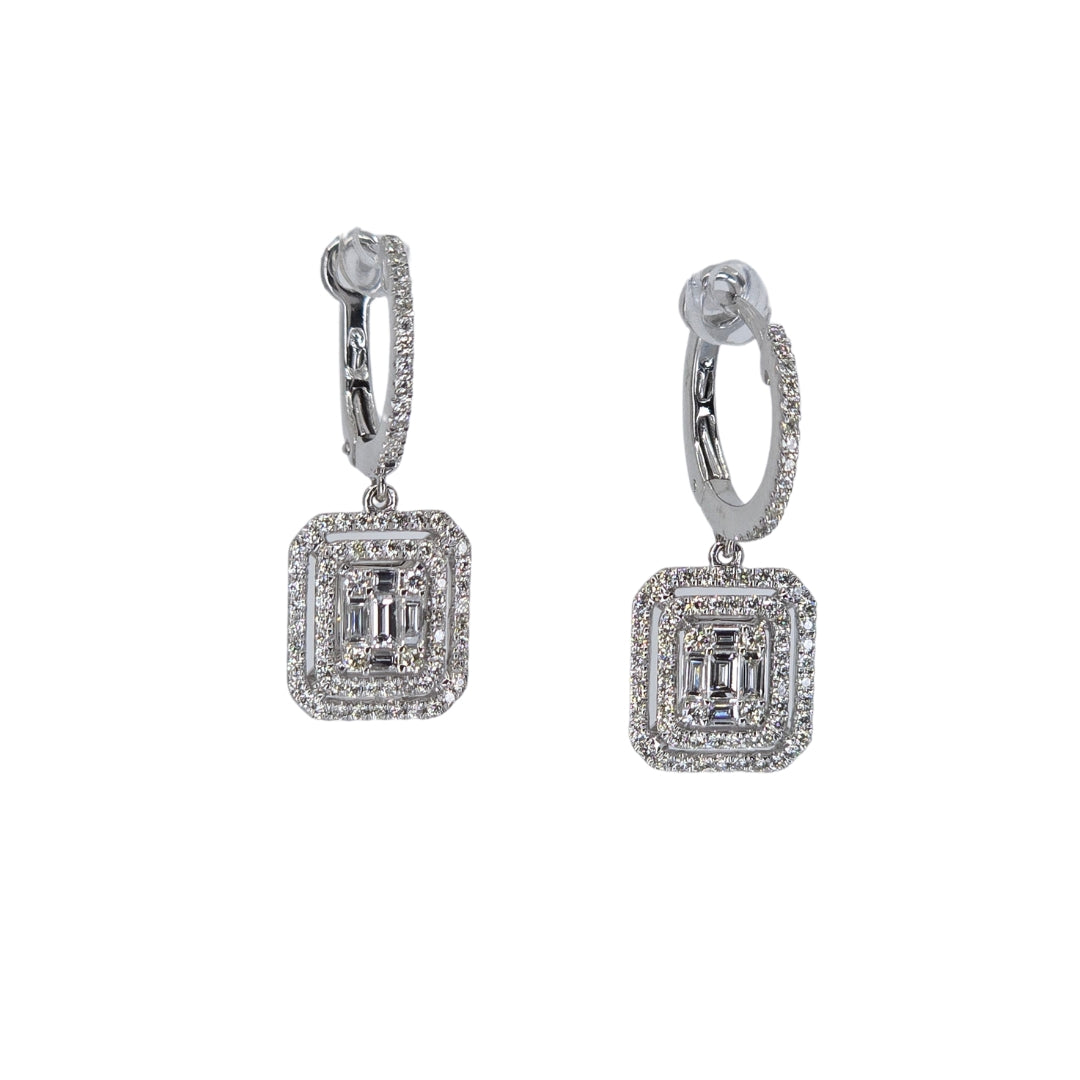 Square shaped baguette diamond drop earrings set in white gold