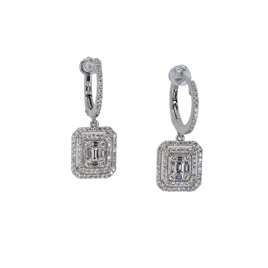 Square shaped baguette diamond drop earrings set in white gold