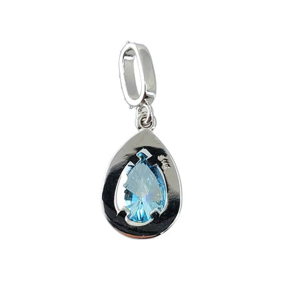 Back of white gold pendant centering a pear blue diamond.
