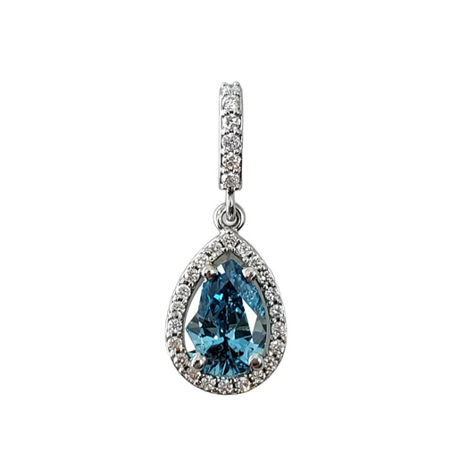 White gold pendant set with a blue pear diamond and a halo of round diamonds.