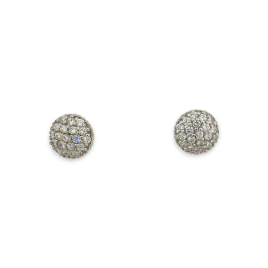 White gold stud earrings sporting a cluster of cz stones on a white background.