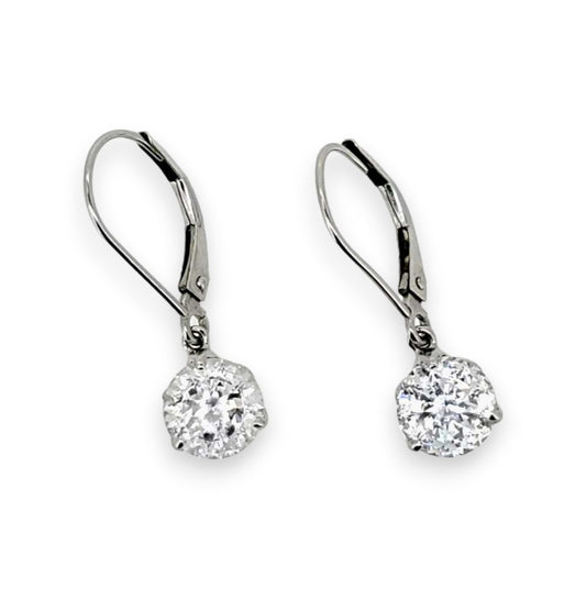 White gold earrings with a cz stone each and a secure leverback clasp on a white background.
