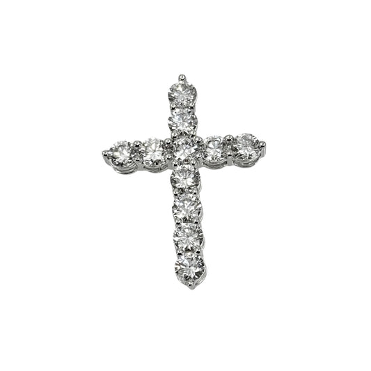 White gold cross pendant set with sparkling round diamonds, arranged in a classic symmetrical design