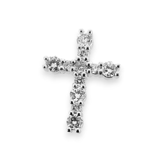 White gold pendant with 11 round diamonds set in a cross design.