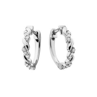 White gold hoop earrings with a twisted diamond design.