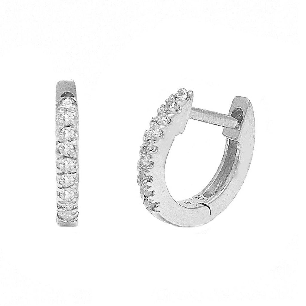 White gold huggy hoop earrings set with round diamonds.