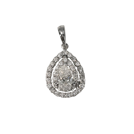 White gold pendant with a brilliant central pear shaped diamond encircled with two haloes of round diamonds.
