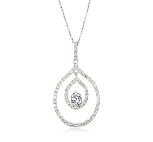 White gold double teardrop shaped pendant with one large central round diamond accented by round diamonds.