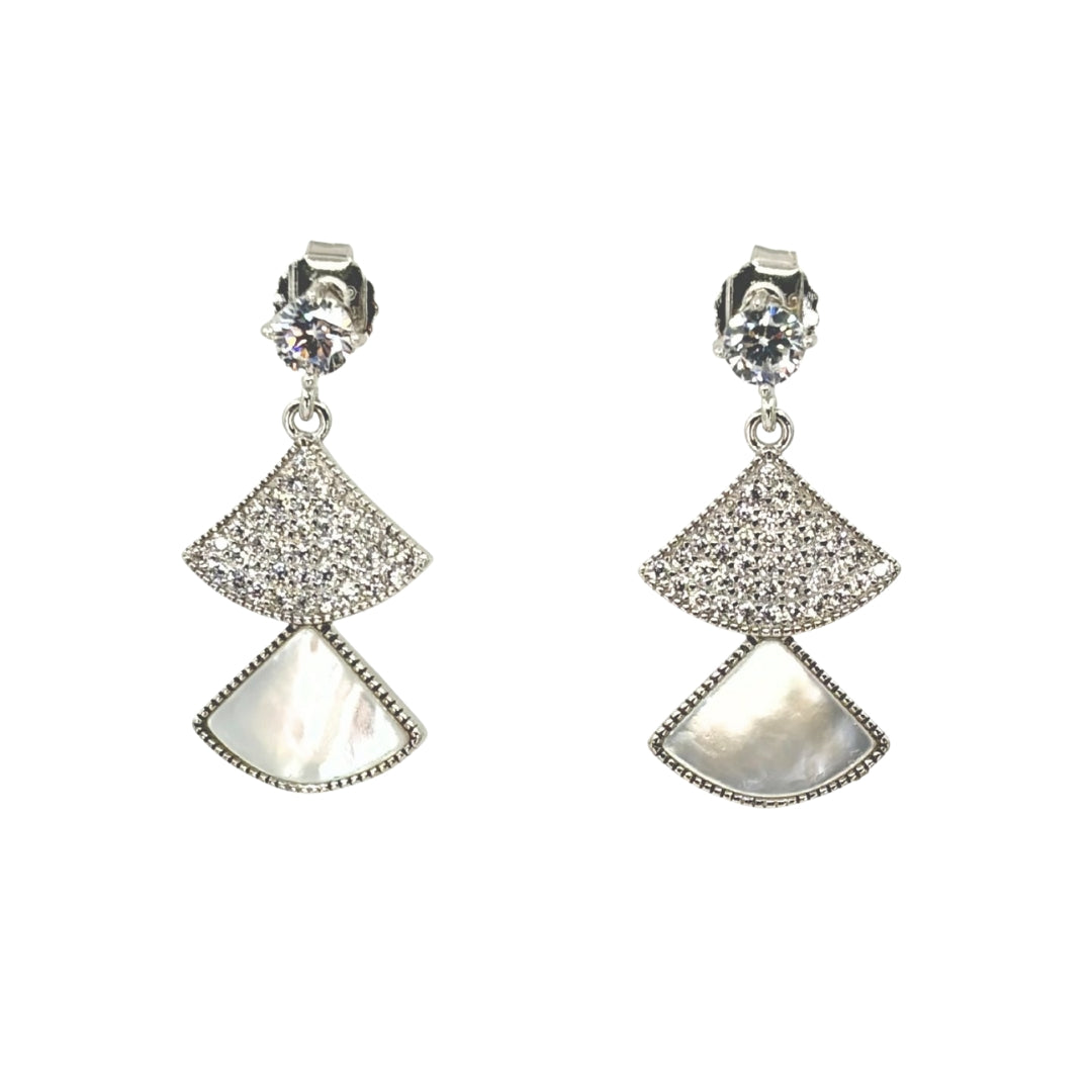 White double fan drop earrings with a cz stud post and descending pave cz and mother of pearl fans.