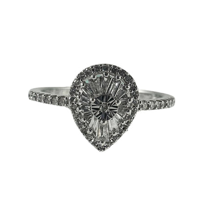 White silver mini ballerina ring featuring 55 round and baguette diamonds, arranged in a radiant vintage-inspired design.