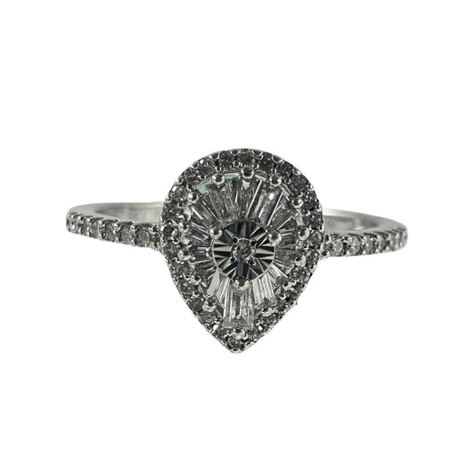 White silver mini ballerina ring featuring 55 round and baguette diamonds, arranged in a radiant vintage-inspired design.
