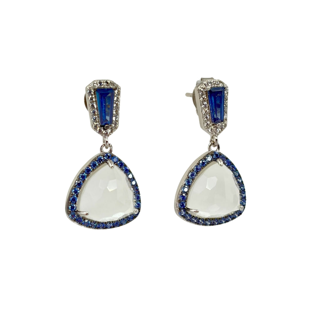 Yellow gold drop earrings centering white trillion cut stones haloed by blue czs.