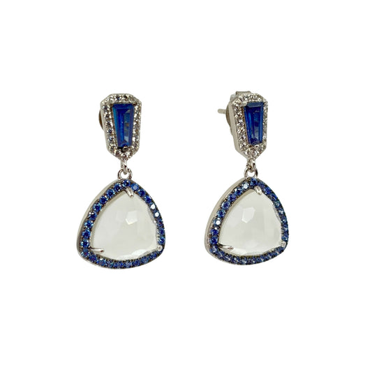 Yellow gold drop earrings centering white trillion cut stones haloed by blue czs.