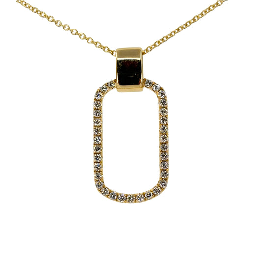 Yellow gold open dog tag necklace with round diamonds set along the outline of the tag.