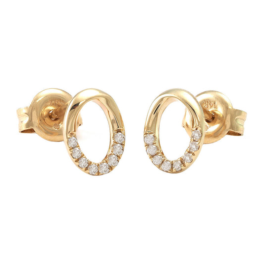 Yellow gold oval shaped stud earrings with diamonds along the bottom of the oval.