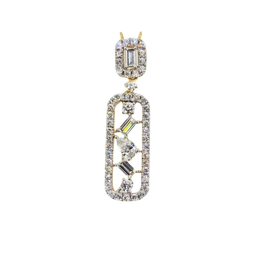 Yellow gold open rectangle pendant with round, emerald, and pear cut diamonds dancing in the center and a square slider adorned with round diamonds.