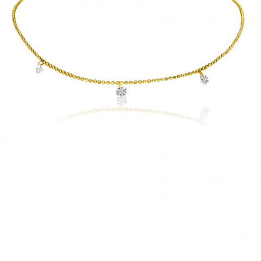 Yellow gold beaded chain with three round station diamonds set equal distances apart.