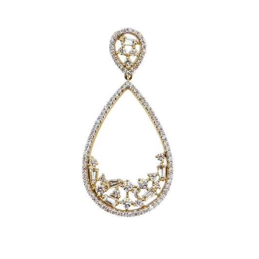 Yellow gold teardrop pendant featuring a diamond halo and artistic arrangement of baguette diamonds inside the open drop design.