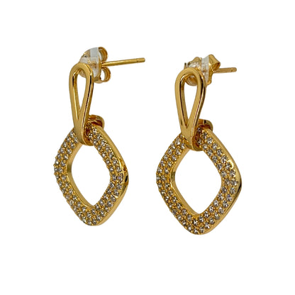 Yellow sterling silver drop earrings with a shimmering bail and cz set open square drop.