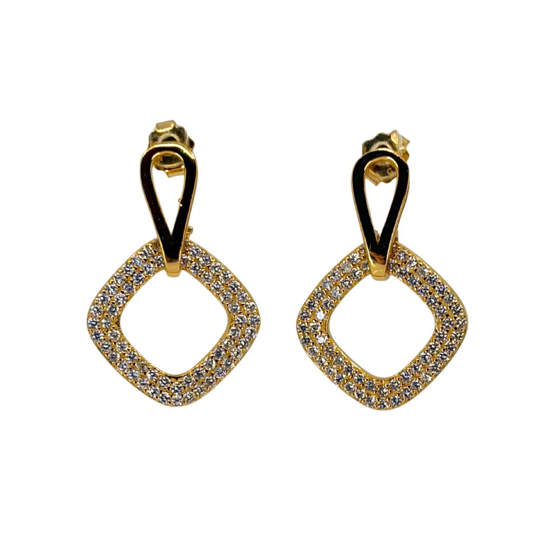 Yellow silver drop earrings with a hanging open square design set with shimmering cz stones.