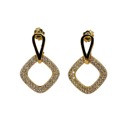 Yellow silver drop earrings with a hanging open square design set with shimmering cz stones.